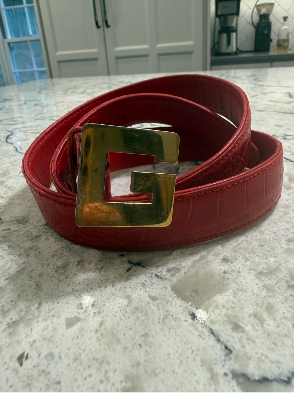 GUCCI RARE Vintage Red Alligator Leather Geometric G Belt Made in Italy, Size